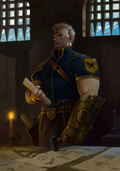 bird blueprint_(object) candle eagle fire fluffy_hair gauntlets hammer highres imperial_aquila imperial_fists imperium_of_man male_focus muscular muscular_male oruam primarch rogal_dorn scroll semi_realisim short_hair tools warhammer_40k white_hair workshop