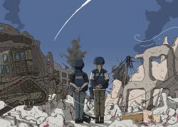Rule 34 | 2girls, absurdres, arms behind back, black hair, black shirt, blonde hair, blood, bloody handprints, blue pants, broken wall, broken window, brown pants, bulldozer, bullet hole, bulletproof vest, caterpillar d9, caterpillar tracks, chito (shoujo shuumatsu ryokou), combat helmet, commentary, cope cage, destruction, english commentary, from behind, handprint, helmet, highres, idf caterpillar d9, israel-hamas war, long hair, low twintails, military vehicle, missile, missile trail, motor vehicle, multiple girls, package, palestine, pants, parisetya, pocket, ponytail, rubble, ruins, shirt, short sleeves, shoujo shuumatsu ryokou, smoke, standing, stone building, twintails, utility pole, white shirt, with handala pose, yuuri (shoujo shuumatsu ryokou)