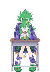 1girl 3am artist_request bone_hair_ornament bow bowtie breasts cavewoman cleavage coke-bottle_glasses collared_shirt crocs desk flower glasses green_bow green_bowtie green_hair green_shoes green_skirt hair_ornament hands_on_own_head horns meat_(vtuber) official_art open_mouth orange_flower school_desk shadow shirt shoes skirt solo stitched_socks white_shirt yellow_flower