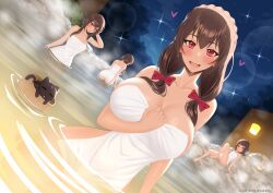 4girls :d arue_(konosuba) black_cat blacksaikou bow breasts brown_hair cat chomusuke commentary dutch_angle english_commentary hair_bow hair_over_shoulder komekko kono_subarashii_sekai_ni_shukufuku_wo! large_breasts long_hair looking_at_viewer medium_breasts megumin mole mole_under_eye multiple_girls naked_towel night onsen open_mouth outdoors red_bow red_eyes short_hair siblings sisters small_breasts smile solo_focus towel upper_body water yunyun_(konosuba)