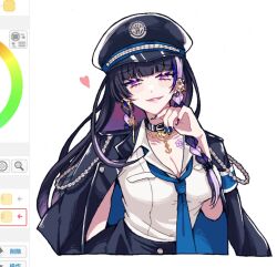 Rule 34 | 1girl, absurdres, aiguillette, armband, art program in frame, barbell piercing, black coat, black collar, black hair, black hat, black nails, black skirt, blue armband, blue necktie, blunt bangs, braid, breasts, chest tattoo, cleavage, coat, coat on shoulders, collar, collarbone, collared shirt, commentary request, ear piercing, earrings, eyelashes, fingernails, gold earrings, hand up, hat, heart, highres, industrial piercing, jewelry, large breasts, long fingernails, long hair, looking at viewer, meloco kyoran, multicolored hair, multicolored nails, nail polish, necktie, nijisanji, nijisanji en, open mouth, peaked cap, piercing, purple eyes, purple hair, purple nails, raised eyebrows, sekka (sekka1202), shirt, short sleeves, side braids, simple background, skirt, smile, solo, streaked hair, tattoo, twin braids, very long hair, virtual youtuber, white background, white shirt