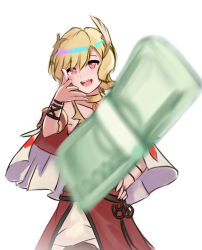 1girl :d blonde_hair capelet ciderwrath citrinne_(fire_emblem) commentary dress english_commentary feather_hair_ornament feathers fire_emblem fire_emblem_engage hair_between_eyes hair_ornament hand_on_own_hip looking_at_viewer meme money nintendo open_mouth red_eyes short_hair smile solo teeth throwing throwing_money upper_teeth_only white_background woe_plague_be_upon_ye_(meme)