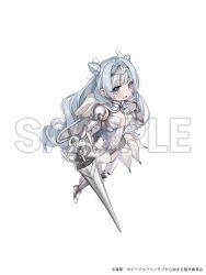1girl almic angel_wings armor blue_eyes blue_hair breasts copyright_name from_side full_body highres holding holding_polearm holding_weapon lance looking_at_viewer mob_kara_hajimaru_tansaku_eiyuutan open_mouth polearm sample_watermark simple_background skirt smile solo standing sylphy_(mobkara) thighs valkyrie watermark weapon white_skirt wings