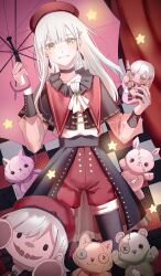 2girls against_fourth_wall ascot bang_dream! bang_dream!_it&#039;s_mygo!!!!! black_capelet black_choker black_pantyhose black_skirt black_sleeve_cuffs brooch capelet character_doll checkered_background chinese_commentary choker commentary_request cowboy_shot crimiko curtains dotted_background dual_persona earrings electric_guitar fanged_bangs glowing green_brooch green_ribbon grin guitar hair_ornament hairclip hands_up high-waist_shorts highres holding holding_guitar holding_instrument holding_mini_person holding_umbrella instrument jewelry long_hair looking_at_viewer mini_person minigirl mortis_(bang_dream!) mortis_(costume)_(bang_dream!) mortis_(persona)_(bang_dream!) multiple_girls neck_ribbon pantyhose pink_umbrella plaid_clothes red_shorts ribbon schecter_guitar see-through_clothes see-through_sleeves shirt shirt_tucked_in shorts showgirl_skirt skirt sleeve_cuffs smile solo_focus stage_curtains star_(symbol) stitches straight-on stuffed_animal stuffed_cat stuffed_rabbit stuffed_toy stuffing tearing_up tears teddy_bear umbrella wakaba_mutsumi wakaba_mutsumi_(doll) white_ascot white_hair white_shirt yellow_eyes