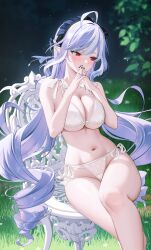 1girl absurdres ahoge averting_eyes bare_legs bare_shoulders black_nails black_ribbon blush bra breasts cleavage collarbone commentary drill_hair embarrassed feet_out_of_frame fingernails hair_ribbon highleg highleg_panties highres kkuni knees large_breasts legs light_particles long_hair looking_to_the_side multicolored_hair nail_polish navel on_chair on_table open_mouth outdoors own_hands_together panties parted_lips pink_eyes plant pointy_ears purple_hair purple_ribbon red_eyes ribbon shy side-tie_panties sidelocks sitting solo steepled_fingers stomach streaked_hair table thighs twintails underwear underwear_only very_long_hair vivian_(zenless_zone_zero) white_bra white_panties wide_hips zenless_zone_zero
