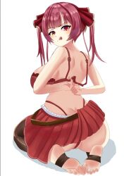 ass bra breasts butt_crack feet hololive houshou_marine huge_ass huge_breasts immortalboobs lace lace-trimmed_bra lace_trim paid_reward_available red_eyes red_hair red_ribbon red_skirt ribbon seiza sideboob sitting skirt soles stirrup_legwear toeless_legwear toes underwear wide_hips