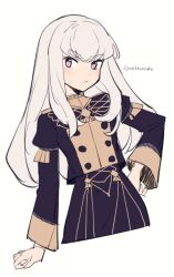 1girl artist_name buttons do_m_kaeru double-breasted fire_emblem fire_emblem:_three_houses garreg_mach_monastery_uniform long_hair looking_at_viewer lysithea_von_ordelia nintendo purple_eyes simple_background solo v-shaped_eyebrows white_background white_hair