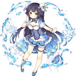 1girl ankle_garter ark_order blue_bow blue_dress blue_shoes blush bow breasts bun_cover cleavage detached_sleeves double_bun dress flower footwear_ribbon hair_bun horns lotus official_art open_mouth ribbon shoes short_sleeves solo sparkle tachi-e thigh_bow thigh_strap transparent_background tsukimi_(xiaohuasan) two_side_up wangliang_(ark_order) water wrist_cuffs yellow_eyes yellow_ribbon