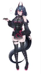 1girl arm_belt black_boots black_collar black_hair black_nails black_sleeves black_thighhighs boots collar covered_navel heart highres holding holding_phone horns indie_virtual_youtuber low_twintails maki_(oni_kanzei) phone pointy_ears smile snake_girl snake_print snake_tail solo spiked_collar spikes spoken_heart tail thighhighs tuffi-chan twintails virtual_youtuber