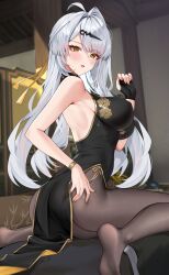 1girl alternate_costume ass backless_dress backless_outfit black_dress black_gloves black_pantyhose blush bracelet breasts china_dress chinese_clothes dress fingerless_gloves gloves hair_ornament hairclip highres impossible_clothes impossible_dress indoors jewelry large_breasts looking_at_viewer looking_back matrix16 on_bed open_mouth pantyhose revision single_fingerless_glove sitting solo wariza white_hair yellow_eyes yixuan_(zenless_zone_zero) zenless_zone_zero