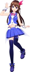 Rule 34 | 1girl, ankle boots, arm up, armpits, blue boots, blue bow, blue eyes, blue skirt, blue thighhighs, blue vest, blush, boots, bow, breasts, brown hair, buttons, collared shirt, crop top, cropped shirt, cropped vest, diamond (shape), fold-over boots, full body, hair bow, hair flaps, hair ornament, hair ribbon, hairclip, hand up, hololive, leg ribbon, long hair, looking at viewer, medium breasts, miniskirt, navel, open mouth, pleated skirt, red bow, red ribbon, ribbon, shirt, shoes, skindentation, skirt, sleeveless, sleeveless shirt, smile, solo, star (symbol), star hair ornament, teeth, thigh ribbon, thigh strap, thighhighs, thighs, tokino sora, tokino sora (1st costume), transparent background, vest, virtual youtuber, white shirt, winged boots, wrist cuffs, zettai ryouiki