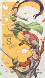 1girl 2boys 4others :d arm_guards arm_up bike_shorts black_gloves black_hair black_shorts black_tank_top boots breasts brown_pants brown_shoes clawed_gauntlets collarbone commentary_request confetti copyright_name dragon_quest dragon_quest_xi earrings facial_hair fez_hat fingerless_gloves floating_clothes floating_hair gloves grey_eyes high_ponytail highres holding holding_sword holding_weapon janis_(hainegom) jewelry knee_boots knee_up large_breasts looking_at_viewer looking_to_the_side martina_(dq11) medium_hair midriff multiple_boys multiple_others mustache navel o-ring o-ring_top old old_man one_eye_closed open_mouth orange_pants pants parted_hair ponytail purple_eyes purple_hair rapier red_shirt red_vest row_(dq11) shirt shoes shorts smile striped_clothes stud_earrings sword sylvia_(dq11) tank_top tockle_(dq11) translation_request vest weapon white_facial_hair white_shirt
