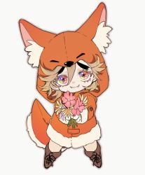 1boy animal_costume animal_ear_fluff animal_hood blonde_hair boots brown_boots chibi closed_mouth coat douma_(kimetsu_no_yaiba) fangs fangs_out flower fox_costume fox_hood full_body fur-trimmed_coat fur_trim giving hair_between_eyes happy holding holding_flower hood hooded_coat kimetsu_no_yaiba lace-up_boots legs_apart light_brown_hair long_sleeves looking_at_viewer male_focus multicolored_eyes orange_coat outstretched_arm pink_flower qin_(7833198) rainbow_eyes simple_background smile solo white_background yellow_flower