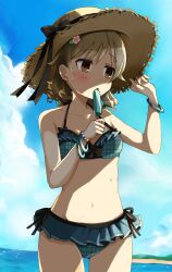 Rule 34 | 1girl, bead bracelet, beads, bikini, bikini skirt, blue bikini, bracelet, breasts, brown eyes, cowboy shot, drill hair, eating, flower, food, frilled bikini, frills, hair flower, hair ornament, halterneck, hand on headwear, hat, hat ribbon, highres, holding, holding food, holding popsicle, idolmaster, idolmaster cinderella girls, jewelry, light brown hair, medium hair, michii yuuki, morikubo nono, popsicle, ribbon, sky, small breasts, solo, stomach, straw hat, sweat, swimsuit