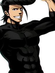 1boy abs akame_ga_kill! arm_up black_eyes black_hair black_shirt bulat grin looking_at_viewer loup-garou male_focus muscular muscular_male pompadour shirt short_hair smile solo white_background