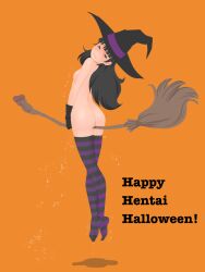 afunai black_gloves black_hair breasts broom broom_riding choppy_bangs completely_nude crossed_legs flying gloves halloween hat highres hirokouji_ayano_(afunai) long_hair looking_back nipples nude one_eye_closed original pussy_juice small_breasts striped_clothes striped_thighhighs thighhighs trembling wince witch witch_hat