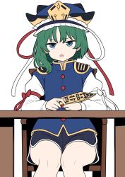 1girl absurdres adapted_costume asymmetrical_hair blue_eyes blue_vest chair commentary_request epaulettes frilled_hat frills green_hair hat highres long_sleeves looking_at_viewer on_chair open_mouth rod_of_remorse shiki_eiki shorts simple_background sitting sleeve_bow snackdang solo table touhou vest white_background