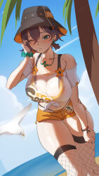 1girl absurdres bare_shoulders belle_(zenless_zone_zero) bird black_hat black_nails blue_hair blue_sky bracelet breasts cleavage commentary_request day earrings fingernails fishnet_thighhighs fishnets green_eyes hair_between_eyes hand_up hat highres jewelry large_breasts leaning_forward looking_at_viewer nail_polish navel off-shoulder_shirt off_shoulder official_alternate_costume one_eye_closed orange_shorts outdoors shirt short_hair shorts sky solo stomach thighhighs thighs tied_shirt white_bird yuyiosang zenless_zone_zero