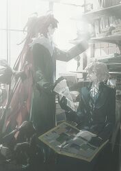2boys blonde_hair book bookshelf chair coat formal_clothes gloves highres holding holding_newspaper indoors long_hair male_focus monota02 multiple_boys newspaper original plant ponytail red_hair sitting window