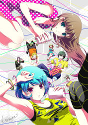 3boys 4girls artist_name ashihara_miu blue_dress blue_hair breasts brown_hair cleavage domestic_na_kanojo dress floating fujii_natsuo green_eyes green_shirt kashiwabara_momo kiriya_reiji knot long_hair looking_at_viewer matsukawa_j_alex medium_breasts multiple_boys multiple_girls multiple_wristbands polka_dot polka_dot_dress purple_eyes red_dress sasuga_kei shirt short_hair string_phone tachibana_hina tachibana_rui yellow_shirt