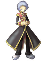 1boy 2000s_(style) artist_request bad_id black_coat black_pants closed_mouth coat full_body gold_trim grey_eyes grey_hair grey_shoes long_sleeves looking_at_viewer lowres male_focus multicolored_coat official_art pants priest_(ragnarok_online) ragnarok_online red_coat shoes short_bangs short_hair simple_background smile solo standing two-tone_coat white_background