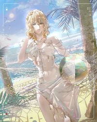 Rule 34 | 1girl, aglaea (honkai: star rail), ball, beachball, bead necklace, beads, bikini, blonde hair, blue sky, cloud, collarbone, commentary, crossed bangs, curly hair, ea ateu, green eyes, hammock, hand in own hair, hashtag-only commentary, highres, holding, holding ball, holding beachball, honkai: star rail, honkai (series), jewelry, leaf, lens flare, looking at viewer, navel, necklace, o-ring, o-ring bikini, ocean, outdoors, palm tree, parted lips, sarong, short hair with long locks, simple bird, sky, solo, sun, swimsuit, symbol-only commentary, tree, viewfinder, waves, white bikini
