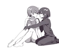 1boy 1girl barefoot book empty_eyes gakuran gloves greyscale hand_on_another&#039;s_knee highres holding holding_book jacket kanbaru_suruga looking_at_another manimani_(mani_ma) military_vehicle monochrome monogatari_(series) motor_vehicle open_book oshino_ougi pants school_uniform short_hair short_shorts shorts sitting smile tank