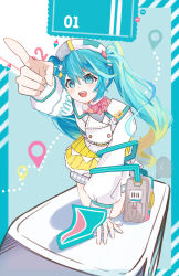 Rule 34 | 1girl, aqua eyes, aqua hair, beret, blonde hair, blush, bow, bowtie, cropped jacket, flag, gradient hair, hair between eyes, hair ornament, hat, hatsune miku, highres, holding, holding flag, jacket, long hair, magical mirai (vocaloid), magical mirai miku, magical mirai miku (2024), multicolored hair, musical note, official alternate costume, official alternate hairstyle, open mouth, pink bow, pink bowtie, pleated skirt, ramune--remonn, shorts, shorts under skirt, skirt, smile, solo, twintails, vocaloid, white hat, white jacket, white shorts, yellow skirt