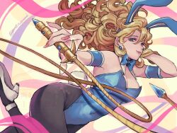 1girl animal_ear_hairband animal_ears arm_behind_head armlet black_pantyhose blonde_hair blue_bow blue_bowtie blue_gemstone blue_hairband blue_leotard bow bowtie breasts cleavage commentary covered_navel curly_hair detached_collar dragon_quest dragon_quest_iii fake_animal_ears fake_tail fingernails floating_hair foot_up gadabout_(dq3) gem hairband high_heels holding holding_whip jewelry large_breasts leotard long_fingernails long_hair looking_at_viewer looking_to_the_side merami pantyhose pink_nails playboy_bunny rabbit_ears rabbit_tail shoes simple_background solo strapless strapless_leotard symbol-only_commentary tail twitter_username white_shoes
