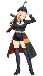 1girl absurdres adjusting_clothes adjusting_headwear aiguillette assault_rifle azur_lane black_hat black_necktie black_skirt black_thighhighs blonde_hair blue_eyes boots breasts buttons coat commission cosplay double-breasted earrings full_body garrison_cap german_flag girls&#039;_frontline gloves gun gun_sling hair_over_shoulder hand_up hat high_heel_boots high_heels highres holding holding_weapon hood_(azur_lane) jewelry large_breasts long_hair looking_at_viewer military military_uniform necktie parallelrey peaked_cap platform_boots rifle simple_background skirt smile solo stg44 stg44_(girls&#039;_frontline) stg44_(girls&#039;_frontline)_(cosplay) thigh_boots thighhighs trigger_discipline vgen_commission weapon white_background white_gloves zettai_ryouiki