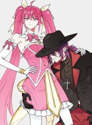 1boy 1girl belt black_gloves black_jumpsuit brown_shirt closed_mouth dress gloves hair_ribbon hand_on_own_hip hat hong_hwarang hug jewelry jumpsuit long_hair looking_at_viewer ma_yerin necklace pants pantyhose pink_dress pink_eyes pink_hair pink_ribbon ponytail purple_hair red_eyes red_pants ribbon serious shirt simple_background the_warrior_returns twintails very_long_hair white_background white_pantyhose white_ribbon white_sleeves