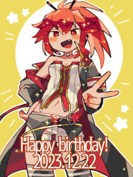 1girl 2023 :d bare_shoulders birthday black_coat breasts choker coat cul dated fang fukomo garter_belt hand_on_own_hip happy_birthday looking_at_viewer navel open_mouth red_eyes red_hair shirt shorts single_off_shoulder small_breasts smile solo strapless thighhighs v vocaloid white_choker white_shirt white_shorts yellow_background