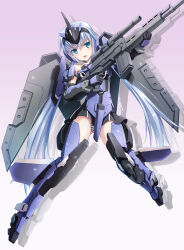 1girl aqua_eyes black_gloves blue_eyes blue_hair frame_arms_girl full_body gloves gradient_background gun holding holding_gun holding_weapon kimizuka_aoi long_hair looking_at_viewer mecha_musume open_mouth panties rifle solo striped_clothes striped_panties stylet thighhighs twintails underwear very_long_hair weapon