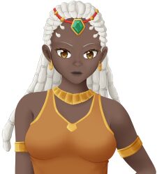 Rule 34 | 1girl, absurdres, armlet, bare shoulders, breasts, commission, commissioner upload, dark-skinned female, dark skin, dreadlocks, earrings, forehead jewel, gem, hair ornament, highres, horns, jewelry, long hair, looking at viewer, makeup, medium breasts, necklace, official art, queen imani, selinanovalight, shirt, sleeveless, solo, spikes, upper body, very dark skin, ways of darkness (series), white hair, yellow eyes