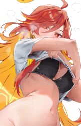 Rule 34 | 1girl, absurdres, ahoge, black bra, blush, bra, breasts, breath, cleavage, colored inner hair, commentary, english commentary, genshin impact, hair between eyes, highres, large breasts, long hair, looking at viewer, mavuika (genshin impact), multicolored hair, navel, orange eyes, orange hair, shirt, simple background, solo, stomach, sweat, symbol-shaped pupils, underwear, undressing, upper body, very long hair, vitaminechan, white background, white shirt