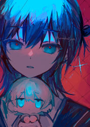2boys absurdres aqua_eyes blue_hair chibi ear_piercing highres irodori_warabi looking_at_viewer male_focus medium_hair multiple_boys original piercing pink_pupils red_background shirt upper_body white_shirt