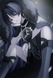 1boy 6to9c absurdres arm_on_thigh armor bishounen black_hair black_shirt black_shorts blunt_ends coat expressionless fatui_coat from_below fur-trimmed_hood fur_trim genshin_impact gold grey_eyes grey_leggings hair_intakes hand_on_own_face head_rest highres hood hood_up hooded_coat japanese_armor jewelry kote kurokote lapels leggings looking_at_viewer male_focus mitsudomoe_(shape) monochrome_background neck_ring open_clothes open_coat open_hand pale_skin parted_lips scaramouche_(genshin_impact) shirt shorts sitting snow solo tomoe_(symbol) tsurime white_coat white_mouth wispy_bangs
