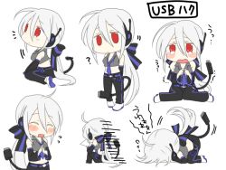 1girl ? ^^^ ahoge blouse blush blush_stickers cable cable_tail chibi collared_shirt female_focus flat_color food fruit full_body gloom_(expression) grey_shirt headphones holding holding_paper index_fingers_together long_hair mechanical_tail mini_person minigirl multiple_views necktie oharu own_hands_together paper ponytail prostration purple_necktie red_eyes shirt simple_background sitting smile standing strawberry tail tears translation_request usb very_long_hair vocaloid white_background white_hair yowane_haku