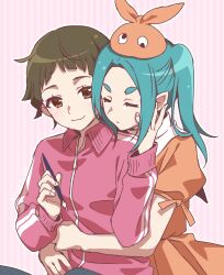 2girls absurdres aqua_hair brown_eyes brown_hair choppy_bangs closed_eyes closed_mouth commentary_request dress expressionless googly_eyes hand_on_another&#039;s_face hands_up hat highres holding holding_pen hug hug_from_behind jacket long_hair long_sleeves looking_at_another manimani_(mani_ma) monogatari_(series) multiple_girls nademonogatari ononoki_yotsugi orange_dress orange_hat pen pink_background pink_jacket present_nadeko sengoku_nadeko short_bangs short_eyebrows short_hair short_sleeves sitting smile thick_eyebrows track_jacket twintails
