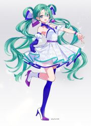 1girl blue_thighhighs full_body green_hair hatsune_miku highres long_hair single_thighhigh solo standing standing_on_one_leg thighhighs tiv twintails very_long_hair vocaloid