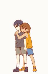 Rule 34 | 2boys, absurdres, antenna hair, bailan1130, black eyes, black hair, black shirt, black shoes, blue shorts, bright pupils, brown hair, closed mouth, dark-skinned male, dark skin, full body, grey shorts, highres, hug, hug from behind, kel (faraway) (omori), kel (omori), male focus, multiple boys, omori, open mouth, orange shoes, orange tank top, shirt, shoes, short hair, shorts, simple background, sneakers, socks, sunny (omori), t-shirt, tank top, white background, white pupils, white socks