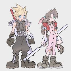 1boy 1girl aerith_gainsborough armor baggy_pants bangle black_boots black_gloves black_pants black_shirt blonde_hair blue_eyes boots bracelet braid braided_ponytail breasts brown_boots brown_hair buster_sword buttons center_opening choker clenched_hand closed_mouth cloud_strife cropped_jacket dress final_fantasy final_fantasy_vii full_body gloves green_eyes grey_background hair_bobbles hair_ornament hair_ribbon highres holding holding_staff jacket jewelry light_blush long_dress long_hair materia medium_breasts mmmckayyy one_eye_closed pants parted_bangs pauldrons pink_dress pink_ribbon puffy_short_sleeves puffy_sleeves red_jacket ribbon ribbon_choker shirt short_hair short_sleeves shoulder_armor sidelocks single_bare_shoulder single_braid single_pauldron sleeveless sleeveless_turtleneck smile spiked_hair staff standing turtleneck weapon weapon_on_back