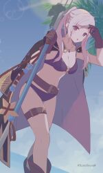 1girl 343rone :o absurdres belt bikini breasts brown_belt brown_gloves cleavage female_robin_(fire_emblem) female_robin_(seaside_tactician)_(fire_emblem) fire_emblem fire_emblem_awakening fire_emblem_heroes gloves highres holding holding_polearm holding_weapon jacket jacket_on_shoulders large_breasts long_hair looking_at_viewer navel nintendo official_alternate_costume open_mouth polearm purple_bikini solo swimsuit thigh_strap twintails twitter_username underboob weapon white_hair