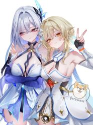2girls bare_shoulders black_unitard blonde_hair breasts cleavage commentary_request crossed_arms dress flower genshin_impact grabbing_another&#039;s_shoulder grey_hair hair_between_eyes hair_flower hair_ornament highres large_breasts long_hair lumine_(genshin_impact) multiple_girls pottsness purple_hands red_eyes scarf short_hair_with_long_locks simple_background skirk_(genshin_impact) v white_background white_dress white_scarf yellow_eyes