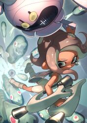 1girl absurdres agent_8_(splatoon) ass battering_lento bodysuit boots brown_hair commentary drone earrings fish fish_skeleton grey_eyes gun highres holding holding_gun holding_weapon hoop_earrings ink_tank_(splatoon) jelleton jewelry marching_andante medium_hair midair nintendo non-humanoid_robot octoling octoling_girl octoling_player_character order_dualies_(splatoon) otoboke-san pearl_(splatoon) pearl_drone_(splatoon) red_eyes robot sleeveless sleeveless_bodysuit socks splatoon_(series) splatoon_3 splatoon_3:_side_order swarming_languendo tentacle_hair thick_eyebrows weapon white_bodysuit white_footwear white_socks