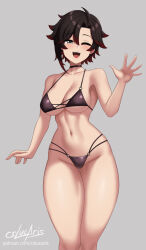 Rule 34 | 1girl, arm at side, artist name, bikini, black bikini, black choker, black hair, breasts, choker, cleavage, collarbone, colored tips, commentary, cowboy shot, cslucaris, curvy, english commentary, gradient hair, grey background, grey eyes, groin, hand up, highres, large breasts, linea alba, looking at viewer, multi-strapped bikini bottom, multicolored hair, navel, o-ring, o-ring bikini, o-ring bikini bottom, o-ring top, one eye closed, open hands, open mouth, parted bangs, patreon username, red hair, ruby rose, rwby, short hair, sideboob, simple background, single sidelock, smile, solo, stomach, string bikini, swimsuit, teeth, thigh gap, thighs, two-tone hair, underboob, upper teeth only, waving, wide hips