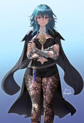 1girl achromaru armor black_armor blue_eyes blue_hair bodice breasts bustier cape cleavage closed_mouth clothing_cutout crossed_arms dagger female_byleth_(fire_emblem) fire_emblem fire_emblem:_three_houses hair_between_eyes highres knife long_hair looking_at_viewer medium_breasts medium_hair navel navel_cutout nintendo pantyhose pantyhose_under_shorts patterned_legwear print_pantyhose shorts simple_background solo thighs vambraces weapon