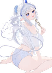 1girl absurdres afterimage ass bare_shoulders barefoot blue_eyes blue_scrunchie blush breasts commentary_request demon_girl demon_horns demon_tail fanning_face fanning_self food from_behind grey_hair grey_panties hair_ornament hair_scrunchie halftone hashiko_nowoto highres holding holding_food horns large_breasts long_hair looking_at_viewer looking_back no_pants off_shoulder open_mouth original panties pointy_ears ponytail popsicle scrunchie shirt short_sleeves simple_background sitting soles solo sweat tail tied_shirt underwear very_long_hair wariza white_background white_shirt