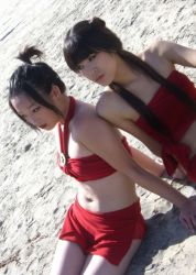 avatar:_the_last_airbender avatar_legends azula beach black_hair cosplay flat_chest long_hair mai_(avatar) midriff photo_(medium) sand sitting