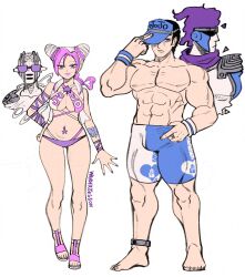 1boy 1girl abs absurdres adjusting_clothes adjusting_headwear anklet arm_tattoo bare_shoulders barefoot bikini black_hair blue_male_swimwear blue_swim_trunks bracelet braid braided_ponytail breasts brooch bun_with_braided_base butterfly_tattoo cleavage criss-cross_halter cropped_vest double_bun eyelashes eyeshadow father_and_daughter fingernails full_body hair_bun half-closed_eyes halterneck hand_on_headwear hand_on_own_hip hand_up hat hat_over_one_eye heart heart-shaped_hair highres jewelry jojo_no_kimyou_na_bouken kuujou_jolyne large_breasts light_frown lipstick looking_at_viewer makeup male_swimwear multicolored_bikini multicolored_hair multiple_rings muscular muscular_male nail_polish navel_piercing open_clothes open_vest piercing pink_eyeshadow pink_hair pink_lips print_bikini print_hat print_headwear purple-tinted_eyewear purple_eyes purple_nails ring sandals short_hair simple_background smile stand_(jojo) standing star_(symbol) star_brooch star_piercing star_platinum stone_free stone_ocean sunglasses swim_trunks swimsuit tattoo tinted_eyewear toenail_polish toenails topless_male two-tone_hair two-tone_male_swimwear unraveling vest visor_cap wanderjegson white_background white_bikini white_hair white_male_swimwear white_swim_trunks white_vest wristband